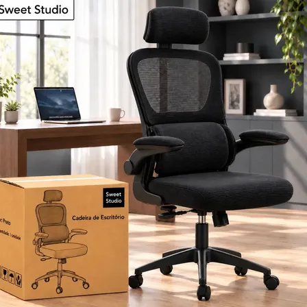Cadeira Sweet Studio Escritório Ergonômica Giratória Preto Com Apoio Lombar e Apoio de cabeça