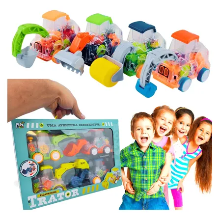 Kit 4 Carrinhos Fricção Trator Escavadeira Brinquedo Criança Carrinho Trator Maquina Colorido