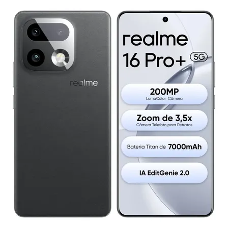 Smartphone Celular Realme 16 Pro+ 512gb 12gb Ram (+ 14 virtual ram boost) 5g Dual Sim, Câmera Lumacolor 200 Mp, SnapDragon 7 Gen4 Rocket, 7000mah, 80w, Ip69 Pro 144hz, Video 4k Fullfocal Hdr Preto
