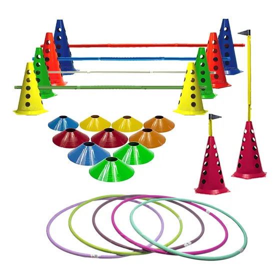 10 Cones C/ Barreiras + Pratos + Bambolê 60cm C/ 5 Unidades