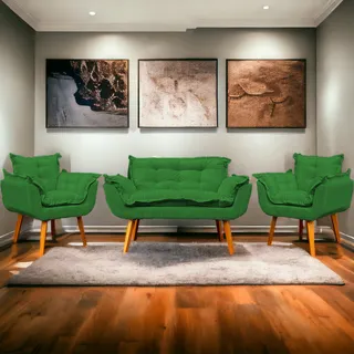 Kit Namoradeira Reforçada + 2 Poltronas Decorativas Cores Cor Verde Desenho Do Tecido Suede Liso Kit Namoradeira Reforçada + 2 Poltronas Decorativas Cores Cor Verde Desenho Do Tecido Suede Liso