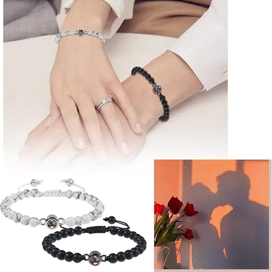 Domoko-2 Pulsera De Pareja,regalo De Pareja De Pulsera De Proyección De 100 Idiomas,pulsera Para Hombre Mujer Ajustable Con Cuentas De Turquesa Blanca Y Piedra Escarchadaregalos Para Mi Novio, Novia