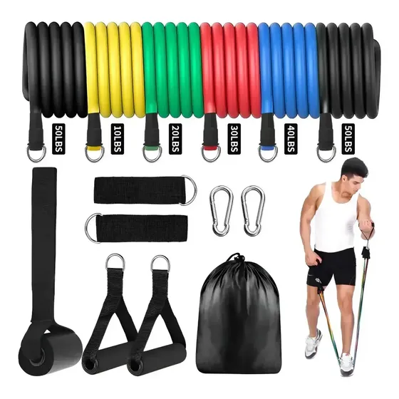 Juego de Bandas de Resistencia de 12 Piezas, Incluye 5 Bandas Apilables para Ejercicios con Asas, Bolsa de Transporte, Correas para Tobillo y Accesorio de Anclaje para Puerta