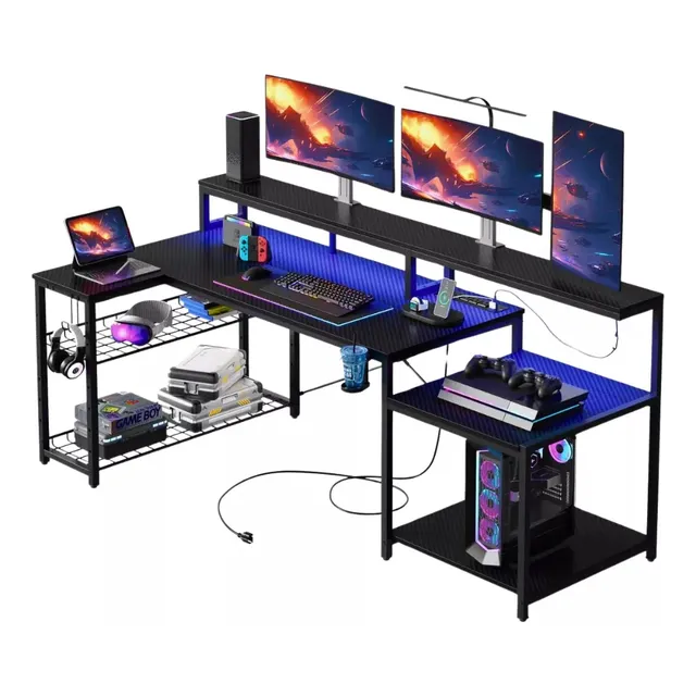 Escritorio Gamer Grande L Con Rgb De Fibra Carbono Con Toma Corriente