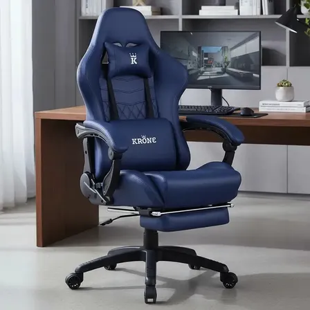 Silla Gamer Profesional Krone Xl Línea Premium Apoyapiés Color Azul Material del tapizado Cuero sintético