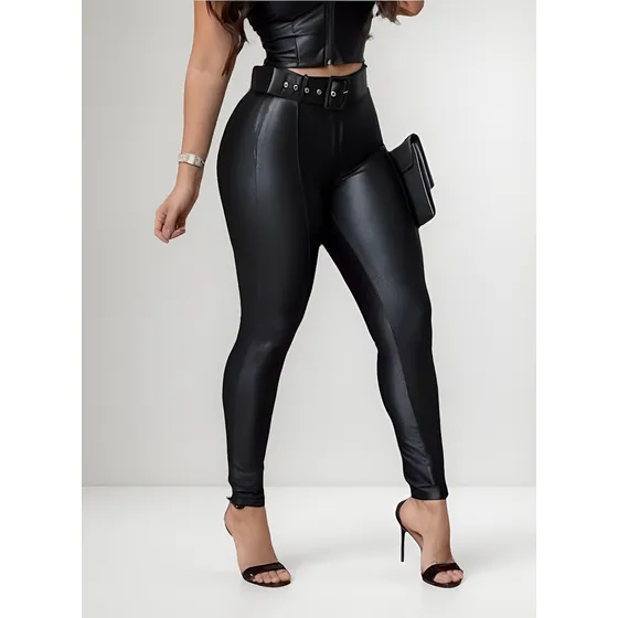 Calça Disco Pants Cirrê Com Cinto Couro Fake Outono Inverno 