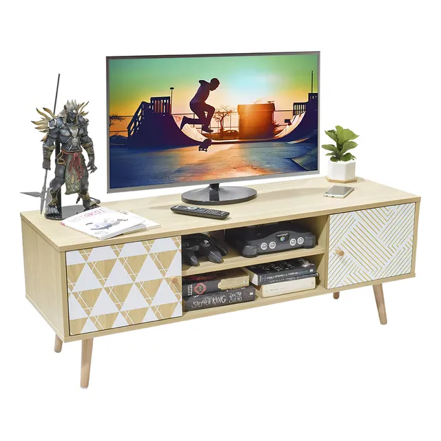 Mueble Para TV Top Living Moderno Centro De Entretenimiento Para Television Mesa Tipo Consola Con Puertas y Entrepaños Color Madera Clara y Detalles Blancos