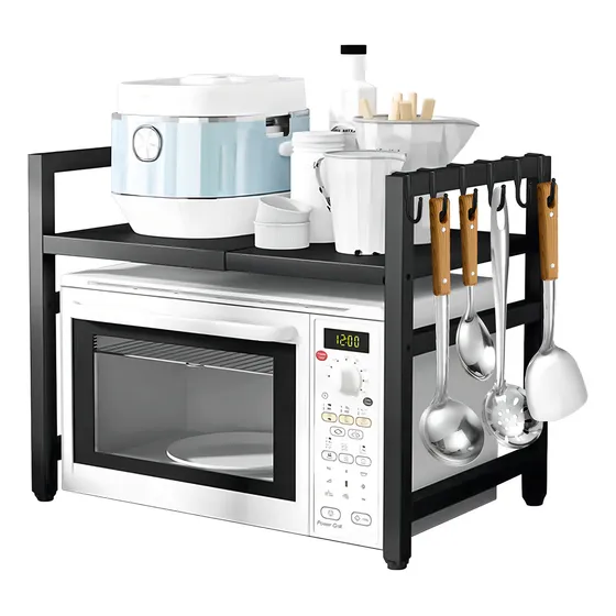 Estante Repisa Extensible Horno Microondas Con Ganchos Rack Organizador Cocina Color Negro