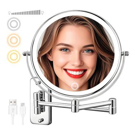 Lyndnice® Espejo Para Maquillaje De Pared De 2000 Mah, Espejo De Maquillaje Led Recargable De 8 Pulgadas, Doble Cara Con… Plateado