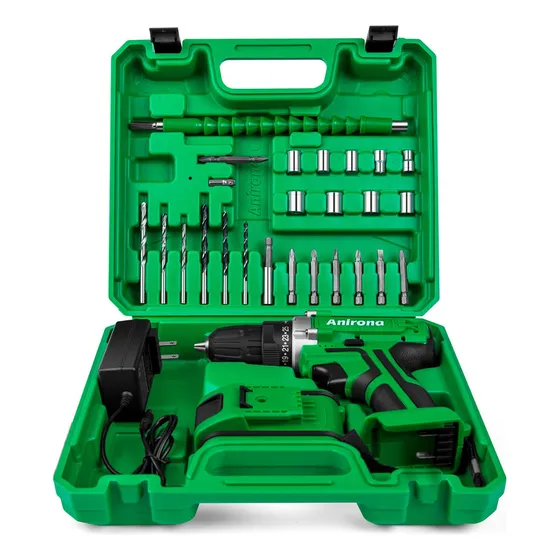 Taladro atornillador inalámbrico de 10mm Anirona AA2015-30 20V + 1 batería de 1.5Ah + accesorios con maletín de transporte Verde
