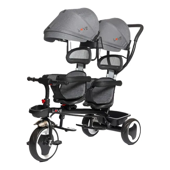 Triciclo Doble Con Luz Y Sonido Giro 360° Capota 046 Love Gris