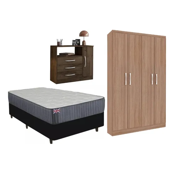 Combo Sommier 1 Plaza + Ropero Armario + Cómoda Cajonera