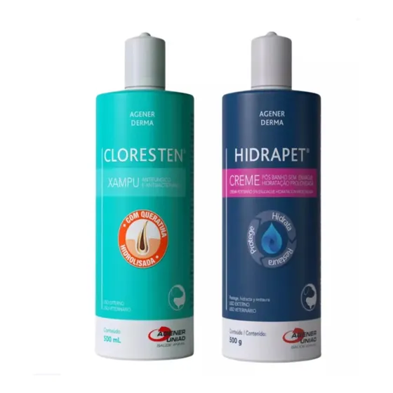 Kit Cloresten Shampoo 500ml + Hidrapet Creme 500g Cães Gatos