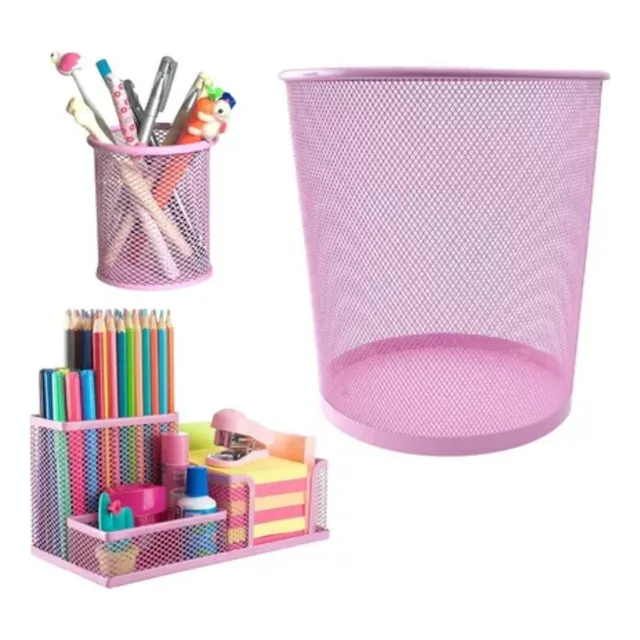 Kit Escritório Lixeira 12l Porta Treco Porta Lápis Mesa Rosa
