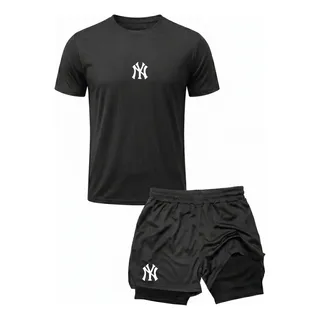 Conjunto Academia Camiseta Dry Fit + Short 2 Em 1 Símbolo Ny Preto G