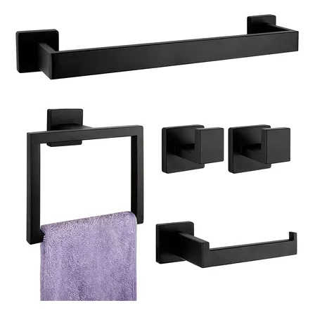 Kit Acessórios Banheiro Lavabo Fosco Preto Luxo Inox 5 Peças Preto