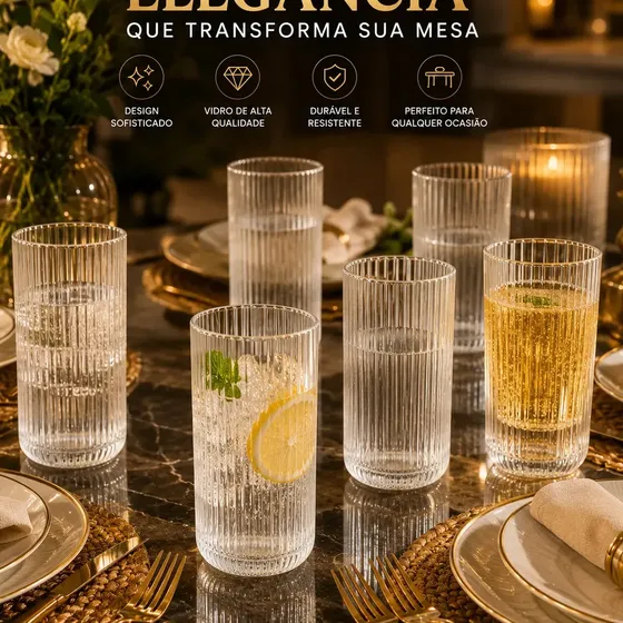 Jogo 6 Copos Vidro Canelado 450ml Grande Premium Água Suco Refrigerante Whisky Gin Drinks Coquetel Cerveja Long Drink Moderno Elegante Mesa Posta Cozinha Restaurante Bar Pétalas Douradas