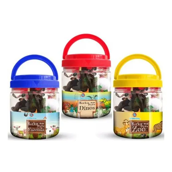Kit Bicho no Pote Polibrinq - Dinos, Zoo e Fazenda - Cada pote contém 12 miniaturas