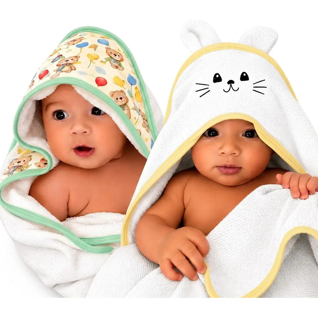 Kit 2 Toalhas De Banho Bebê Com Capuz E Orelhinha Infantil Branco/neutro