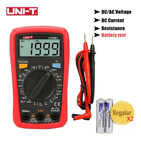 UNI-T Multímetro Digital Profesional UT33B+ Medidor Corriente Mano，Medición la batería，CA/CC 200 mV-600 V