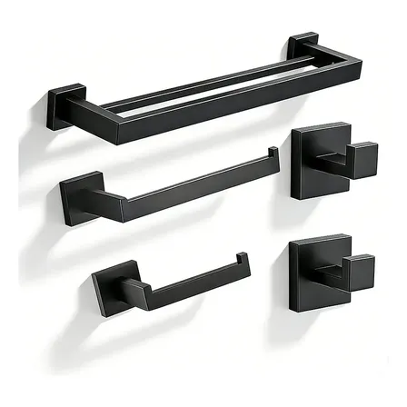 Kit 5 Peças Acessorio Banheiro Luxo Dreamway Organizador Porta Toalha Preto Aço Inoxidável Preto Fosco
