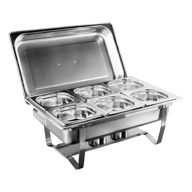 Rechaud Inox Retangular 9 Litros C/ 6 Cubas Gn Banho Maria