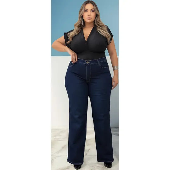 Calça Wide Leg Perna Reta Jeans Lycra Plus Size Cintura Alta