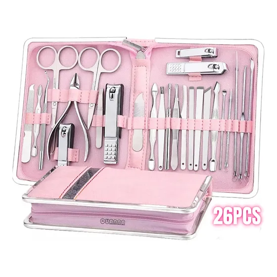 Quanna  Kit De Manicura 26 En 1 Set Cortauñas De Acero Inoxidable  Nail Art Tools   Set Profesional De Pedicura Para Uñas  De Cuero  Con Estuche De Viaje Para Familiares Y Amigos Gift  Color Rosa