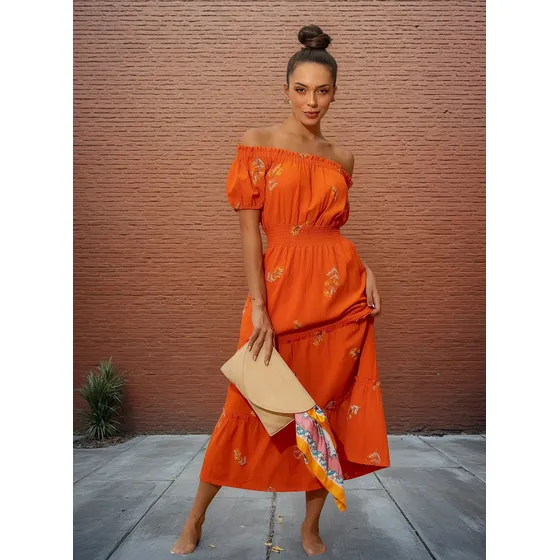 Vestido Midi Bordado Exclusivo Com Decote Ciganinha