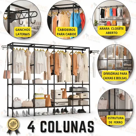 Guarda Roupa Dobravel Closet Aberto Organizador De Roupas Desmontavel E Cabideiro Arara Organizadora 4 Colunas Em Aço Resistente Cor Preto Cnc Do Brasil