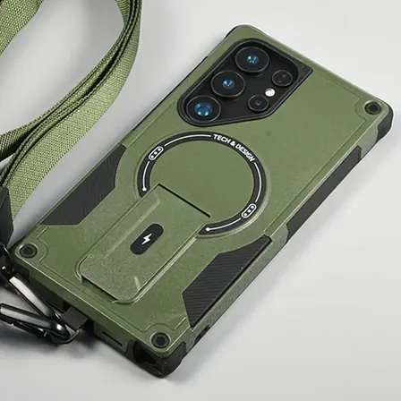 Capa C/ Alça Segurança Antichoque Suporte Magnético S25ultra Verde Galaxy S25 Ultra