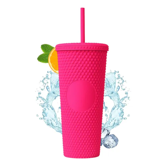 Vaso Texturizado Reutilizable De Plástico Rígido Con Tapa Y Popote Color Fucsia (clicuc)