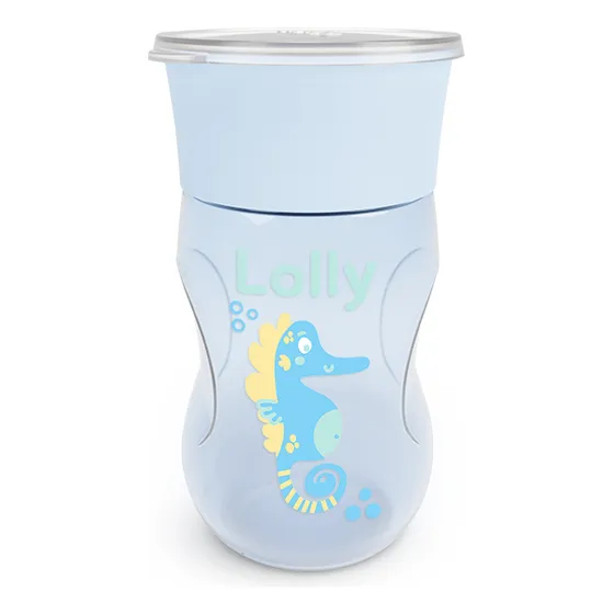 Copo Lolly Kinddy 330ml Anatômico Antivazamento Atóxico Cor Azul-celeste Cavalo Marinho