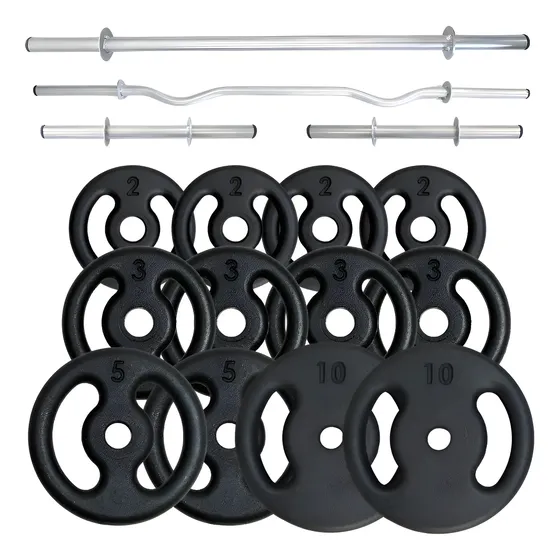 Kit Anilhas 50kg + Barras 40cm + Reta 120cm + W 120cm Preto