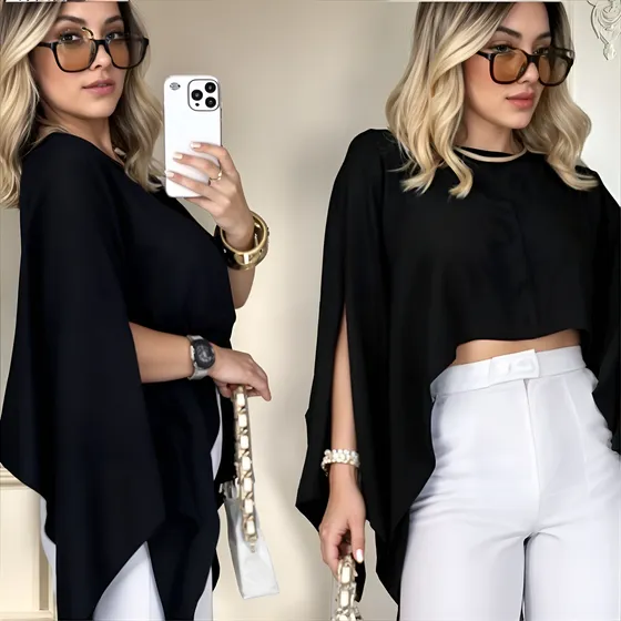Blusa Cropped Capa Assimetrica Estilo Boho Bata Multi Forma