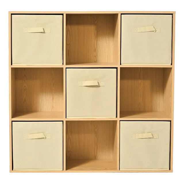 Mueble Librero Organizador 9 Modulos 5 Cubos Tela Incluidos Color Madera / Beige