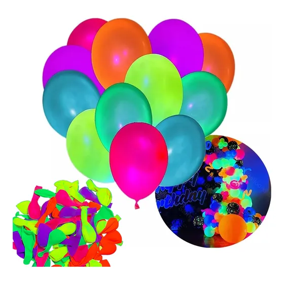 Pack 100 Globos Neón Para Fiestas Flúor Fluorescente Uv