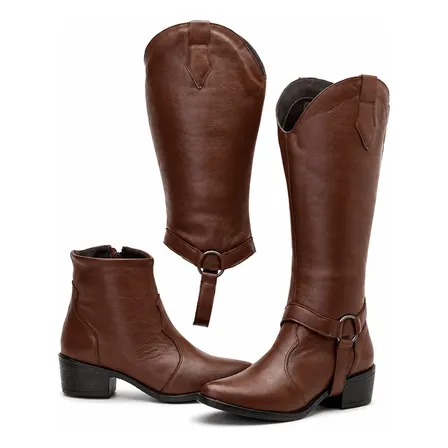 Bota Country Feminina Couro Legítimo Cano Removível 2 Em 1 Marrom 36
