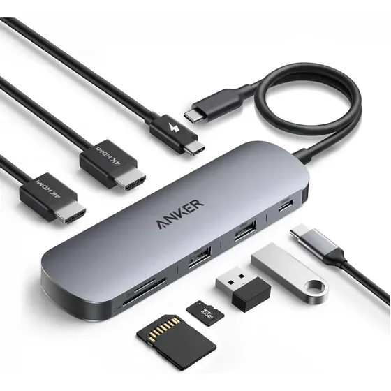 Hub Usb C 8 Portas Em 1 Anker Dual Monitor Adaptador, 2x HDMI 4K@60Hz para 2 Telas, 85W PD Carga Not