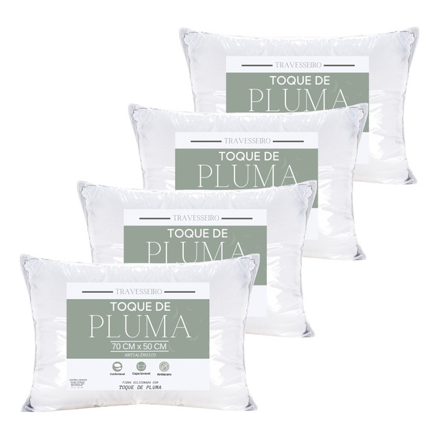 4 Travesseiros Toque Pluma 70x50 Macio Antialérgico Branco 4 Travesseiros Toque Pluma 70x50 Macio Antialérgico Branco