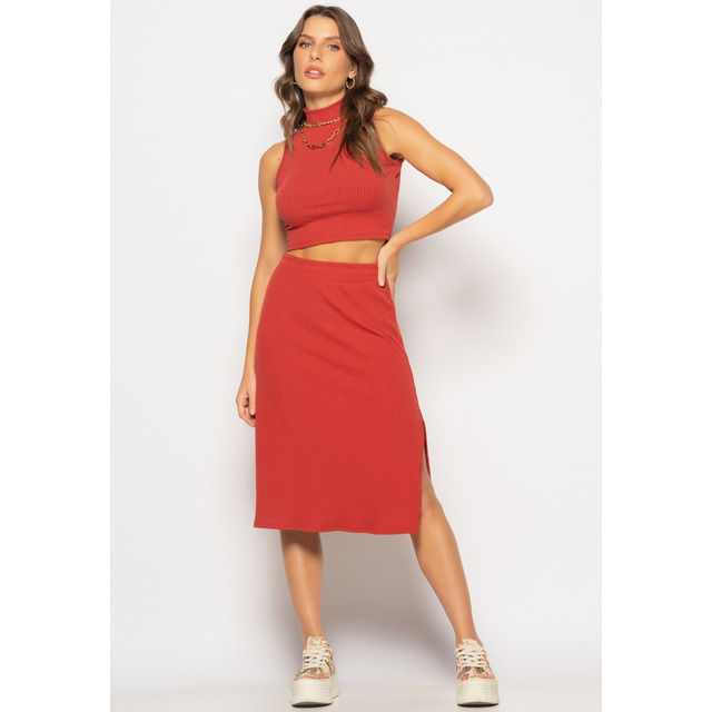 Conjunto Cropped Regata E Saia Midi Malha Canelada Salvatore Conjunto Cropped Regata E Saia Midi Malha Canelada Salvatore