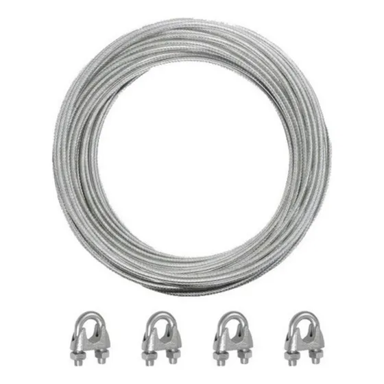 20 Metros Cabo De Aço 4mm Cristal P/ Varal + 4 Clips Cor Cinza