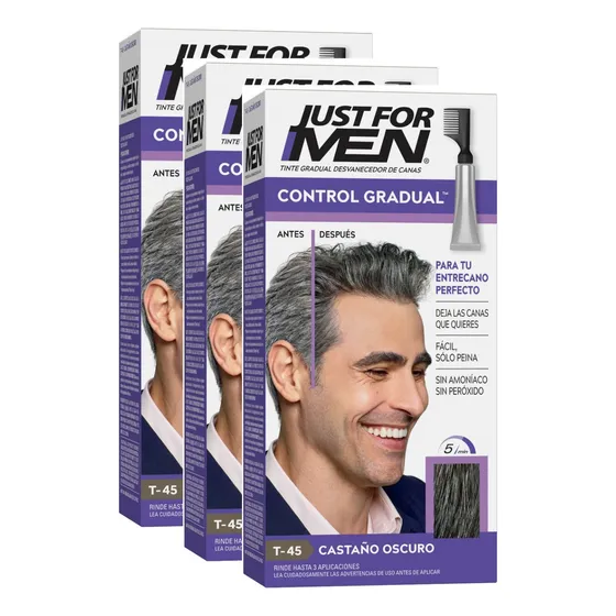 Kit 3 unidades Tintura para Cabello Just For Men Control Gradual tono Castaño Oscuro Sin Amoníaco 40g con peine