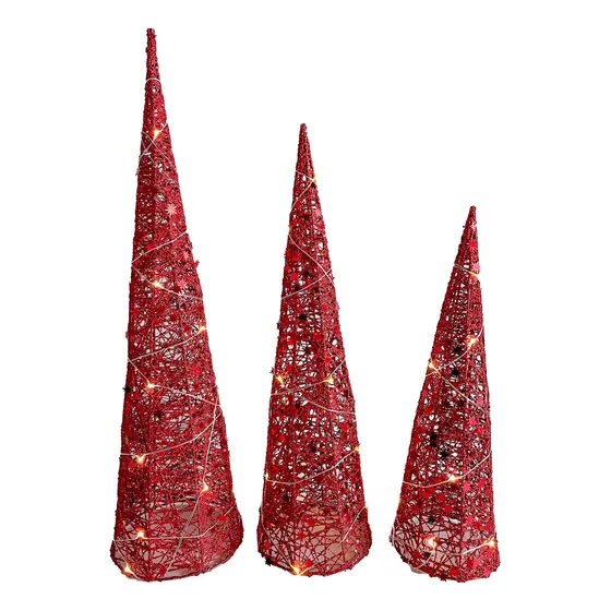 Jogo De Árvores Aramada Iluminada Vermelha Cone 3un