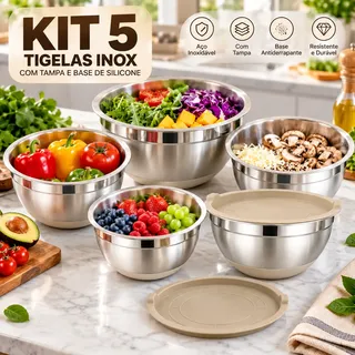 Tigelas Inox Com Tampa E Base De Silicone Conjunto 5 Peças Cinza