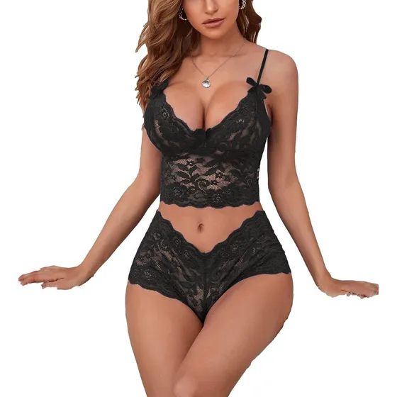 Conjunto Lenceria Sexy Encaje Negro 2 Piezas