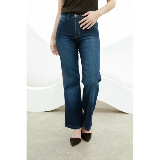 Jean Clásico Recto Straight Mujer Azul Localizado Tiro Alto