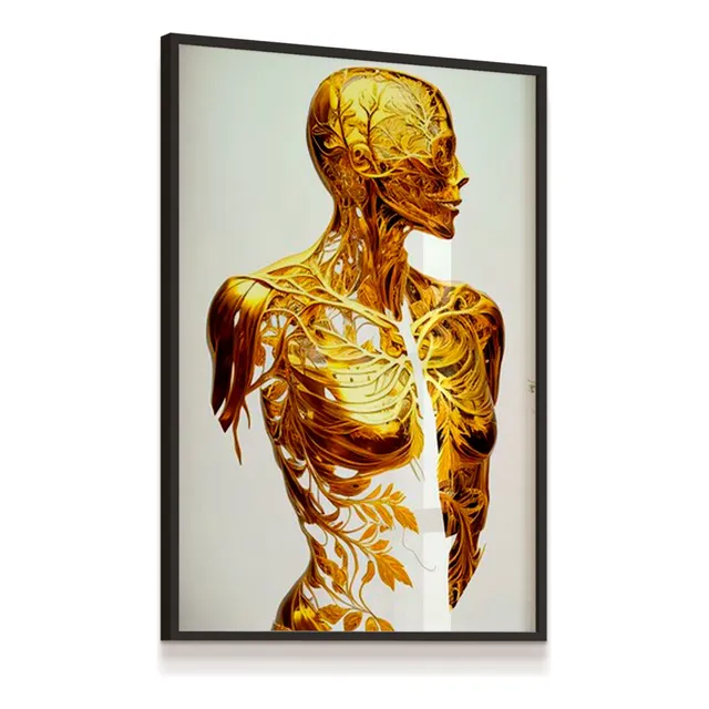 Quadro 53x73 Vidro Esqueleto Humano Dourado Sala Quarto