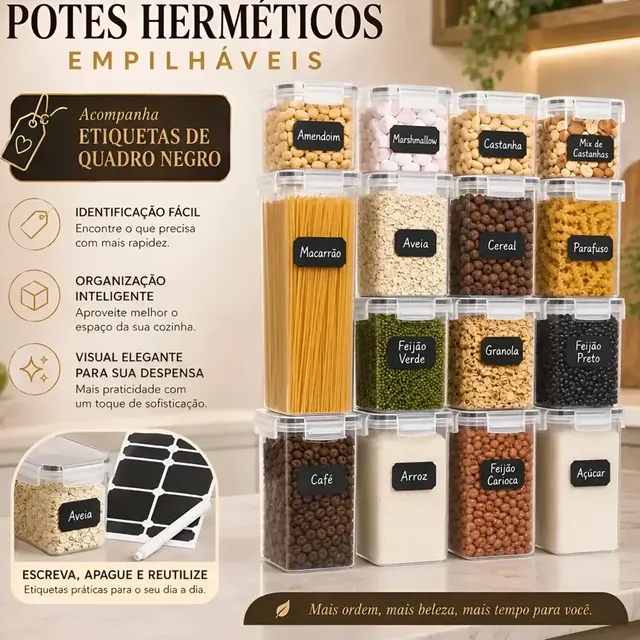 Conjunto 15 Potes Herméticos Acrílico Quadrado Empilháveis Transparente