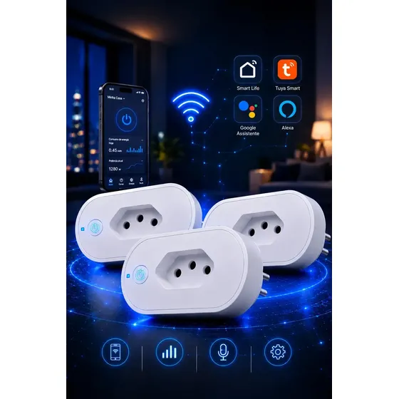 Kit 3 Tomada Inteligente Wi-Fi 16A Bivolt Qonex Automação Smart Plug Interruptor com Monitor de Cons